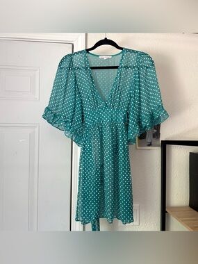 BETSEY JOHNSON vintage y2k teal sheer polka dot ruffle kimono short sleeve tunic